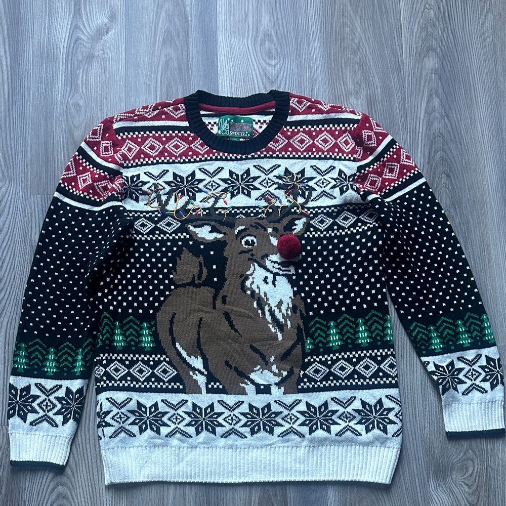 Ugly Christmas Sweater Reindeer Crewneck - Black, Red, Green, White